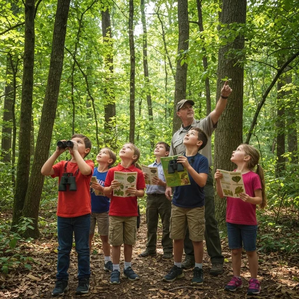 Young campers actively engaged in a nature exploration activity alongside a park ranger, highlighting the educational programs available