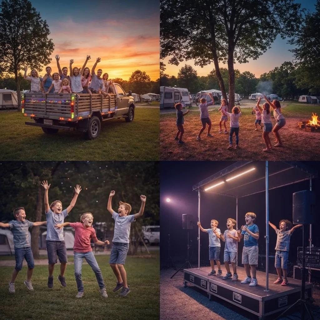 Families enjoying unique activities at Ridge Ranch Campground, including a sunset hayride and a DJ dance party