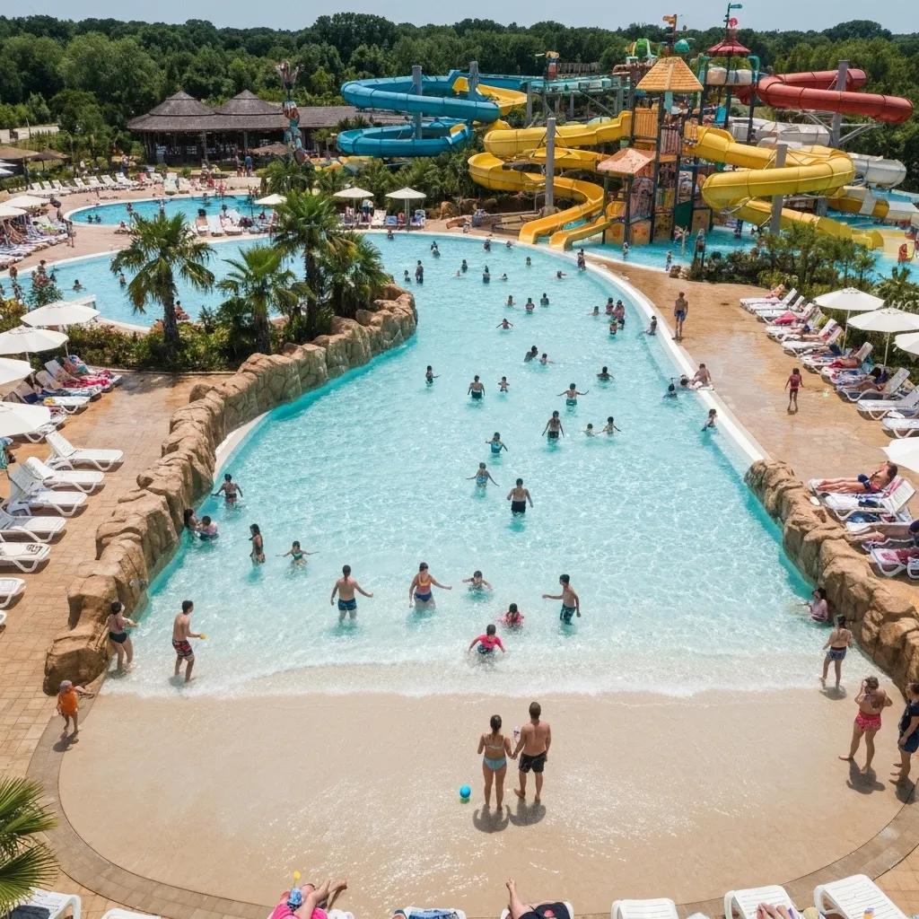 A vibrant water park designed for families, with children splashing and adults relaxing under the sun.