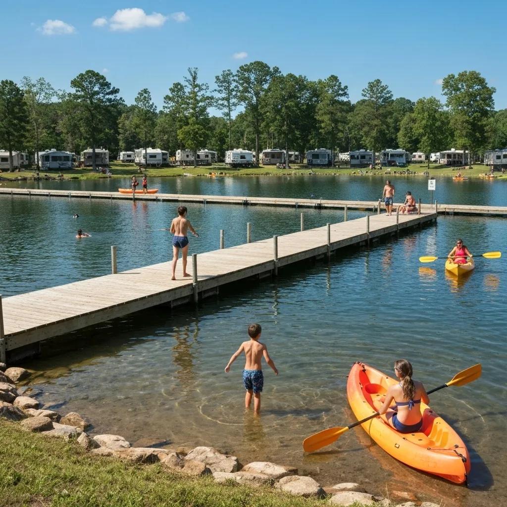 A family splashes and plays in the water at GatherGrounds Resorts