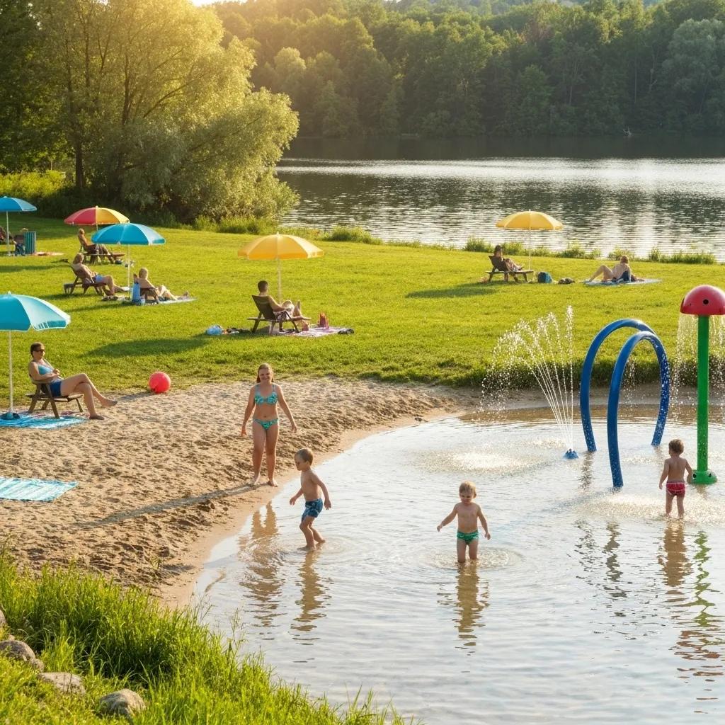 Families enjoying a campground's beach and splash pad