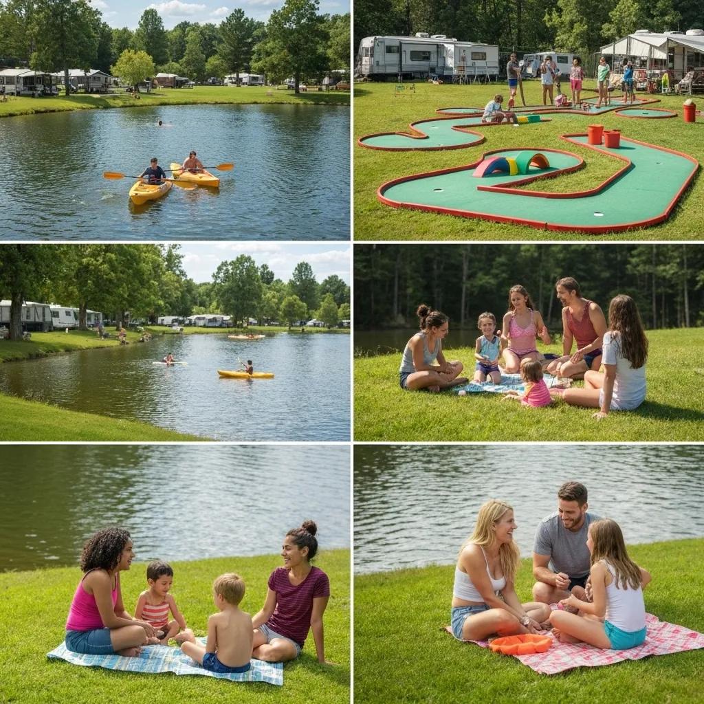 A family enjoys a sunny day at a campground, with kids swimming in a lake and parents fishing nearby