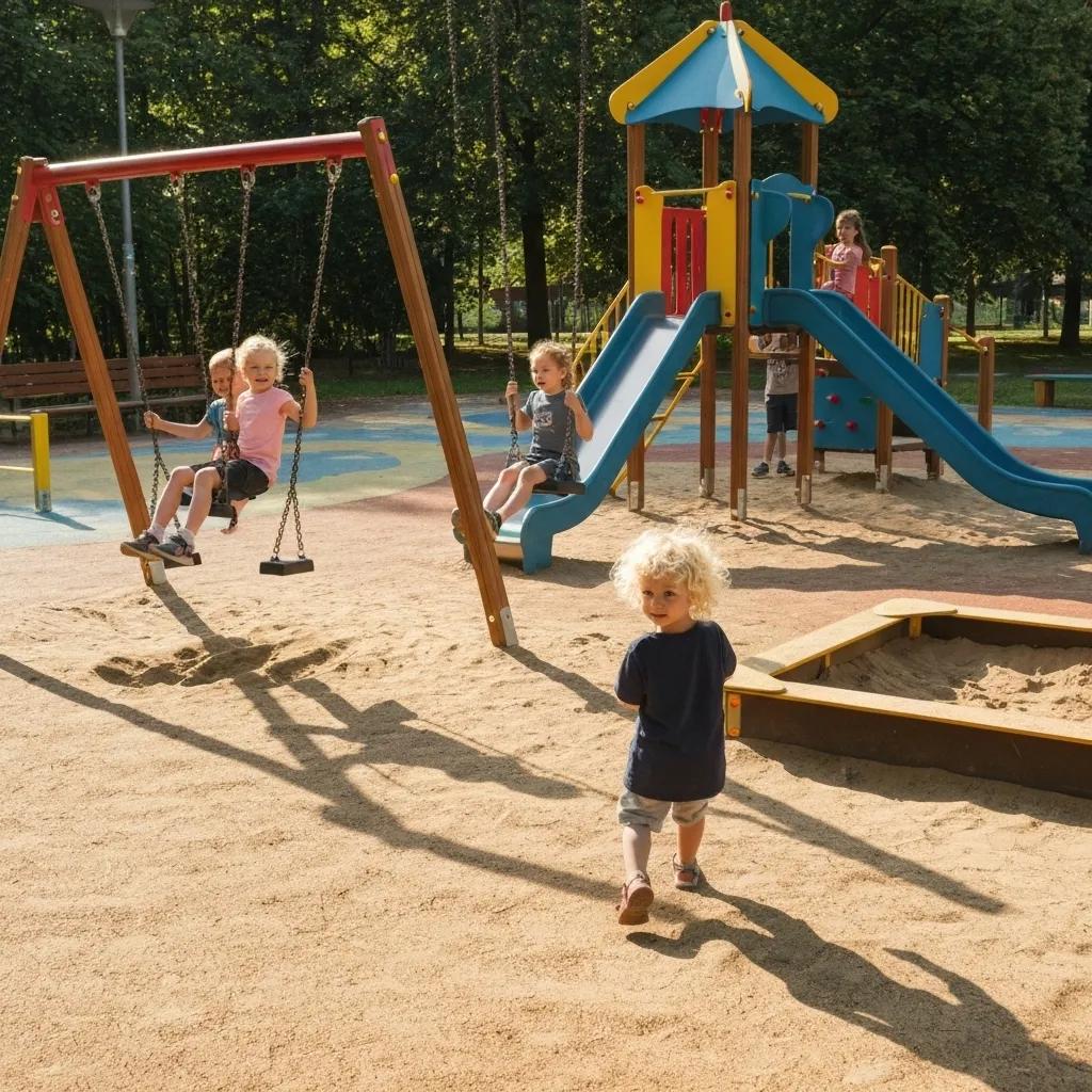 Children gleefully playing on a playground at a welcoming family-friendly campground