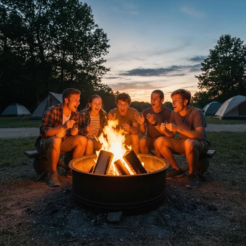 A family happily making s'mores and sharing stories around a campfire.