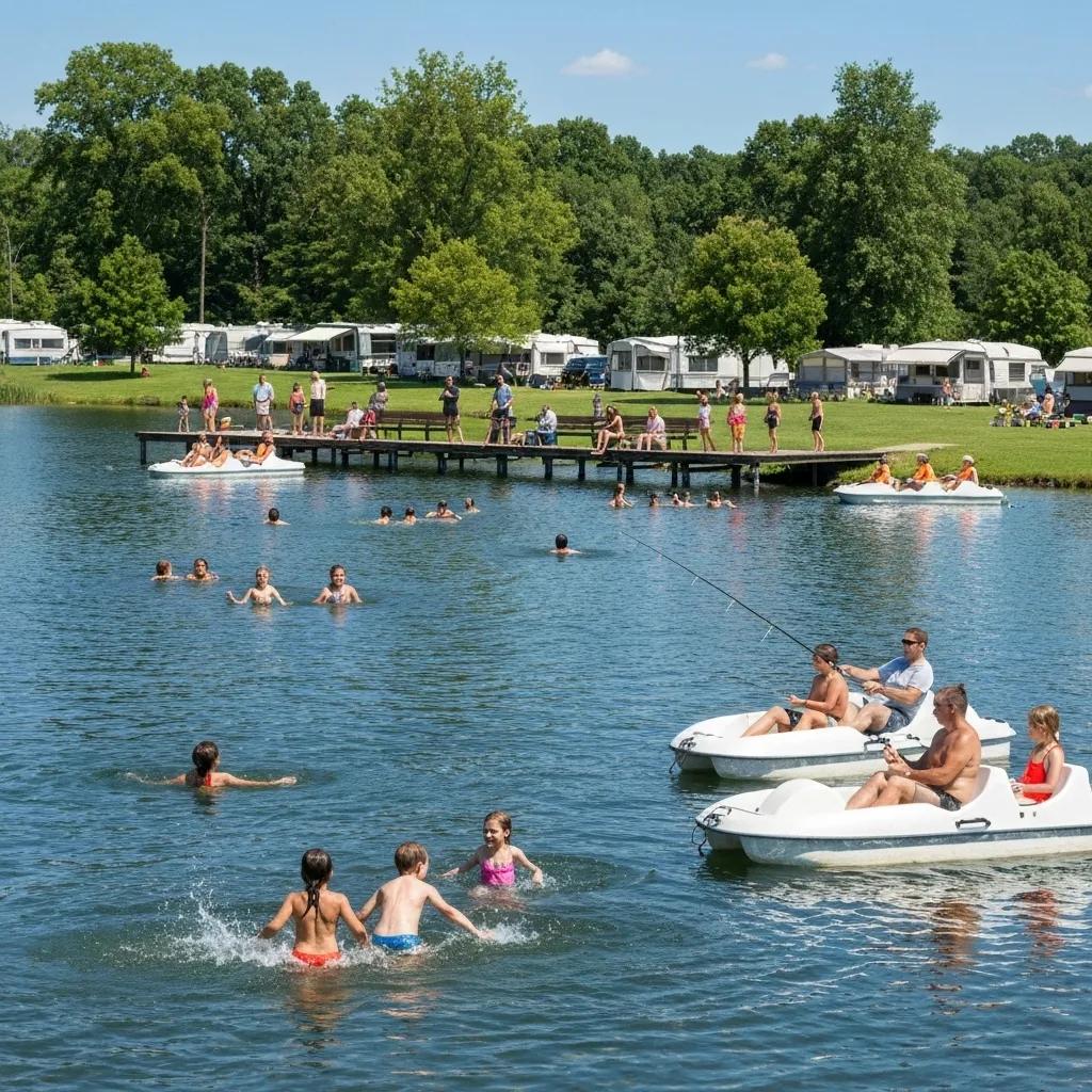 Families delight in various lake activities, including swimming in clear waters and casting lines for fishing at a scenic campground.