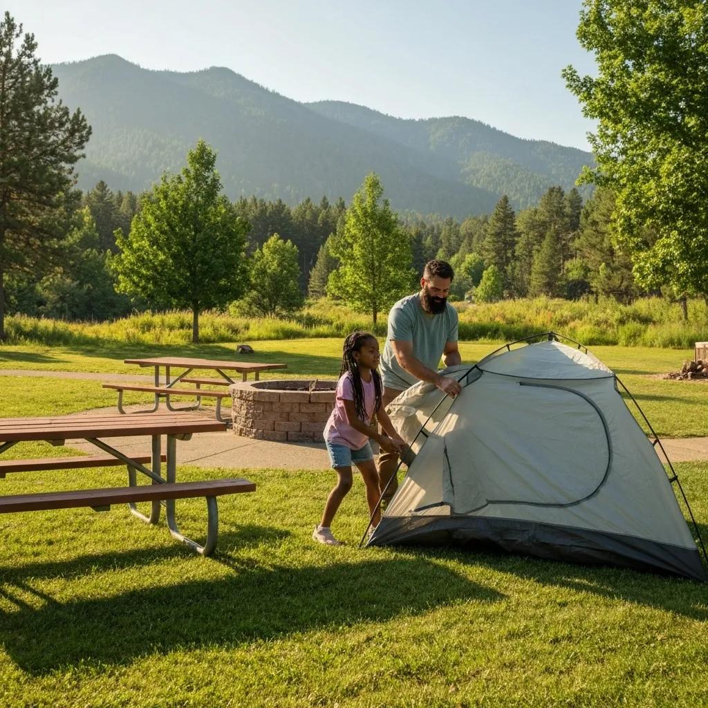 Family camping in a national park campground with tents and amenities