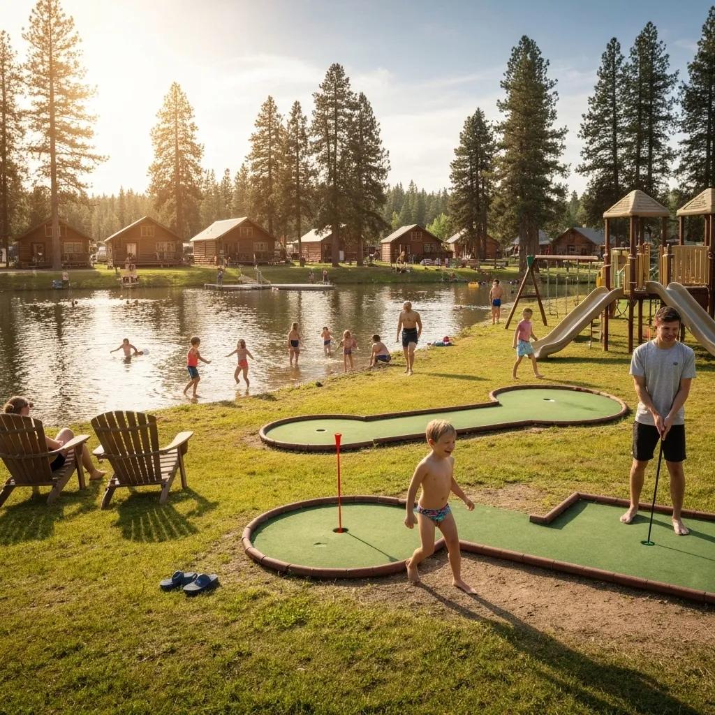 Families enjoying various activities at Ridge Ranch Campground, including swimming, mini-golf, and the playground