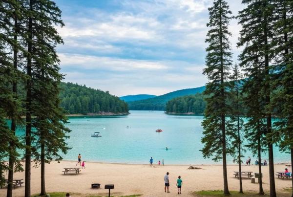 Scenic view of a campground in Ohio with tents and RVs under a clear sky
