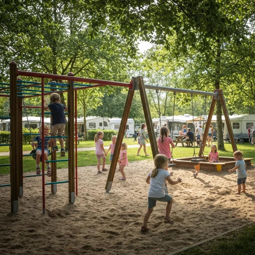 Children having fun on a playground at a family-friendly campground, highlighting the engaging amenities available for families