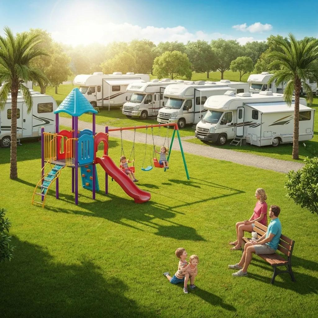 Children laughing and playing at a family-friendly RV park, complete with a playground and RVs visible in the background