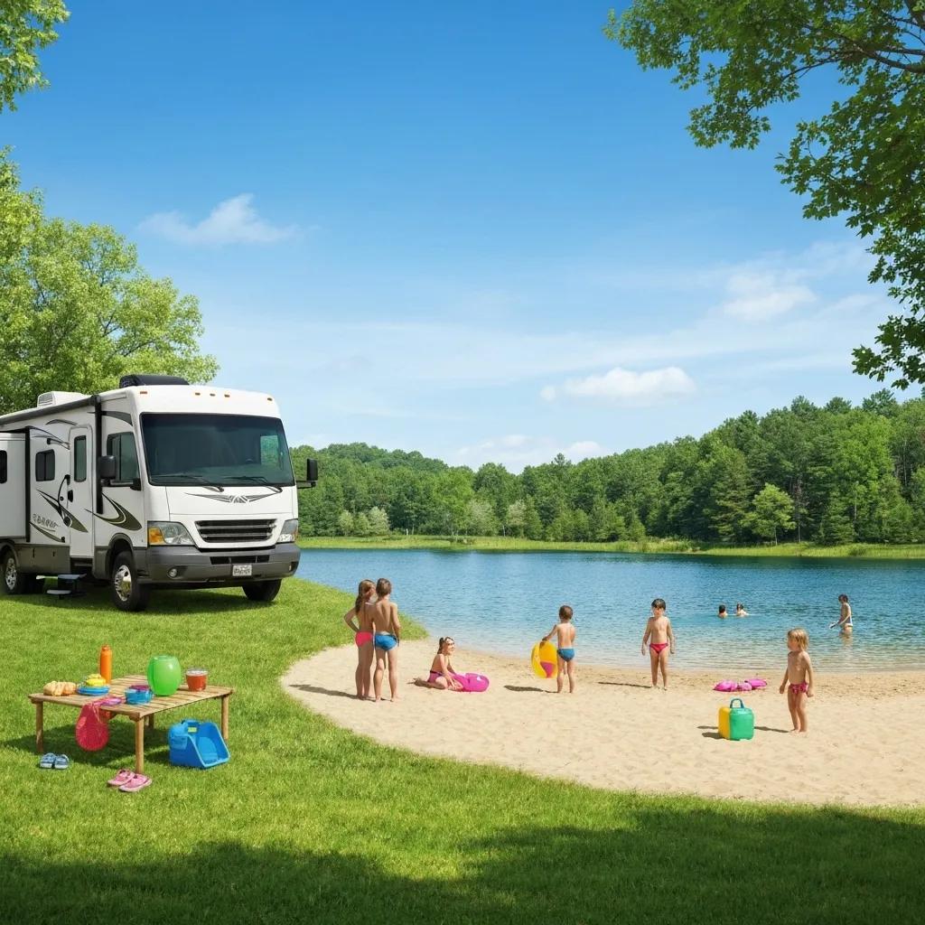 Family camping scene with RV by a lake, children playing on the beach