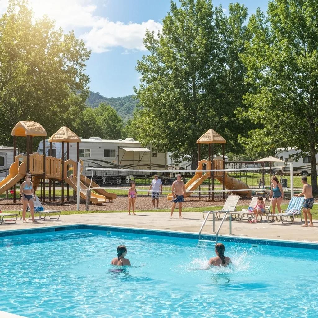 Families enjoying the swimming pool and playground at Ridge Ranch Campground