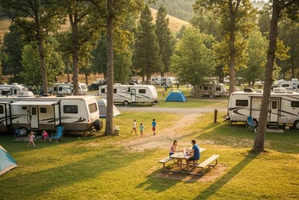 Family-friendly campground near I-80 with RVs and tents, showcasing outdoor family activities