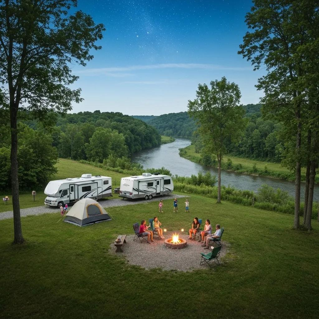 Family camping scene at a campground along I-80 in Ohio with a tent and RV