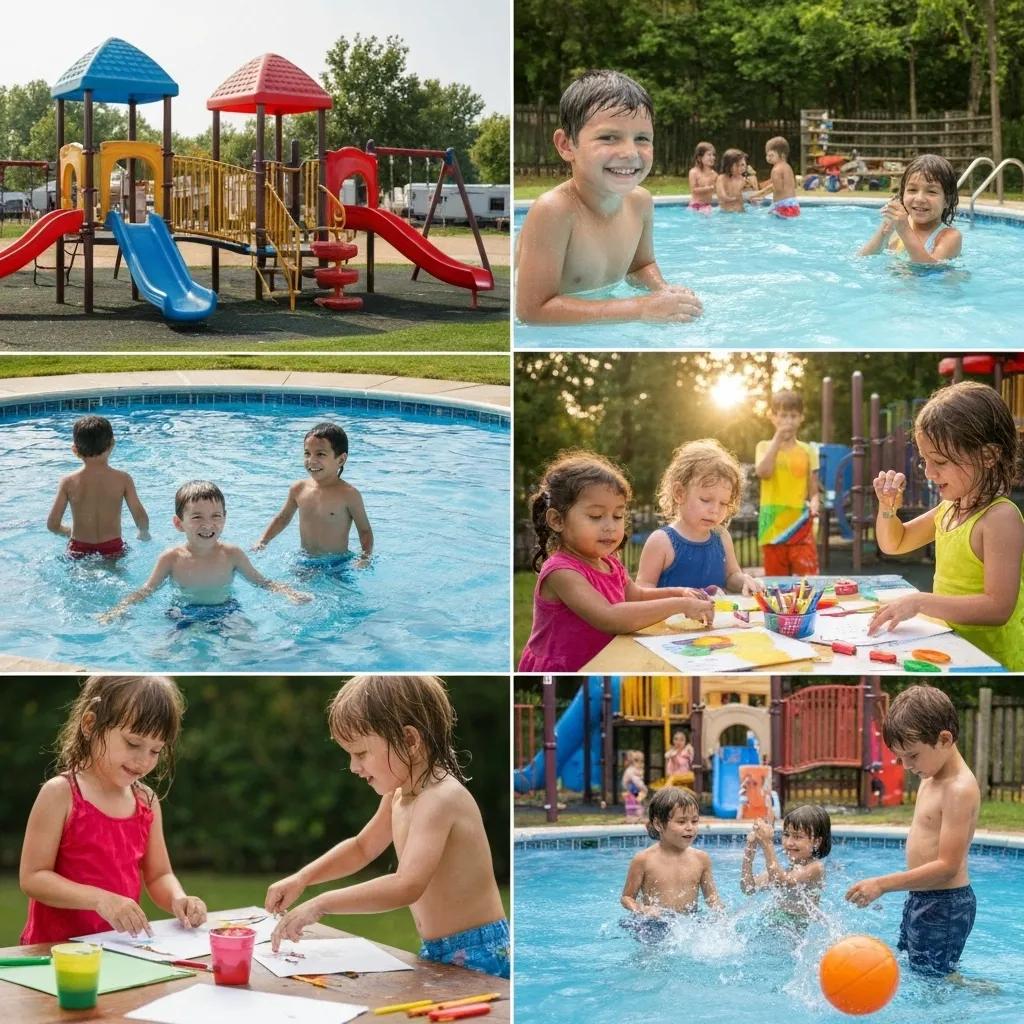 Children laughing and playing at various fun activities and kid-friendly amenities available at Ridge Ranch Campground