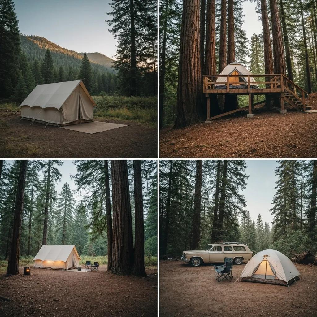 A visual showcase of primitive, walk-in, and car camping tent sites, illustrating the variety of camping experiences available