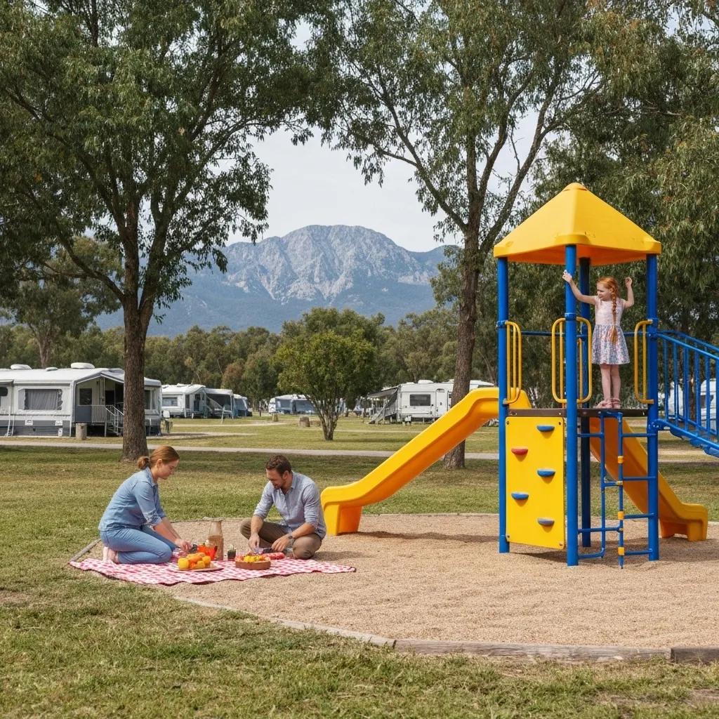 A happy family enjoying outdoor activities at a campground, with children playing and parents picnicking.
