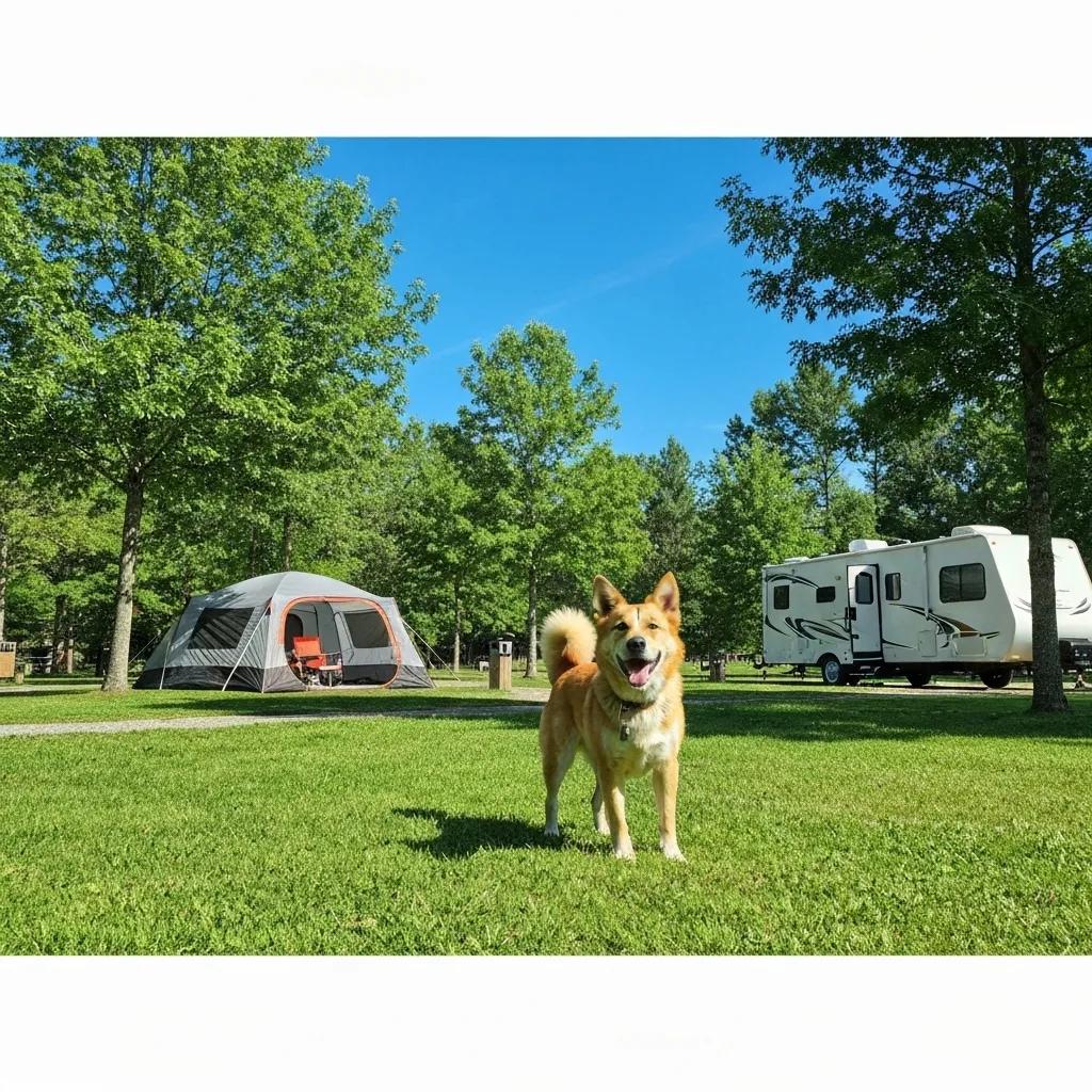 Happy dog playing in a pet-friendly campground in Ohio, showcasing outdoor camping with pets
