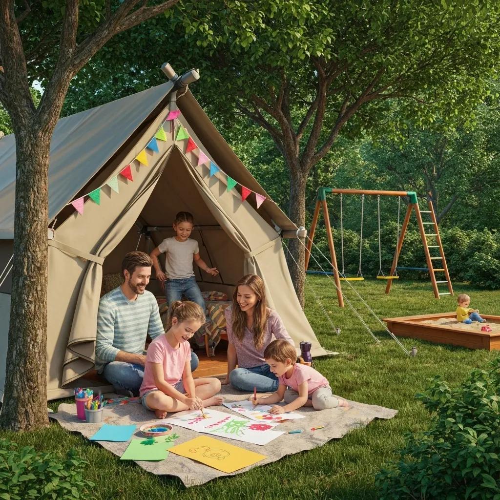 A family joyfully participating in glamping activities, with children engrossed in crafts amidst a natural setting