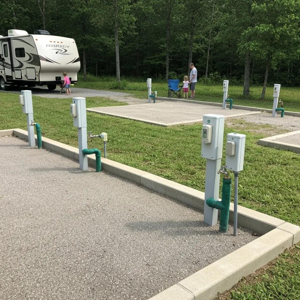 A full hookup RV site showcasing convenient electrical, water, and sewer connections