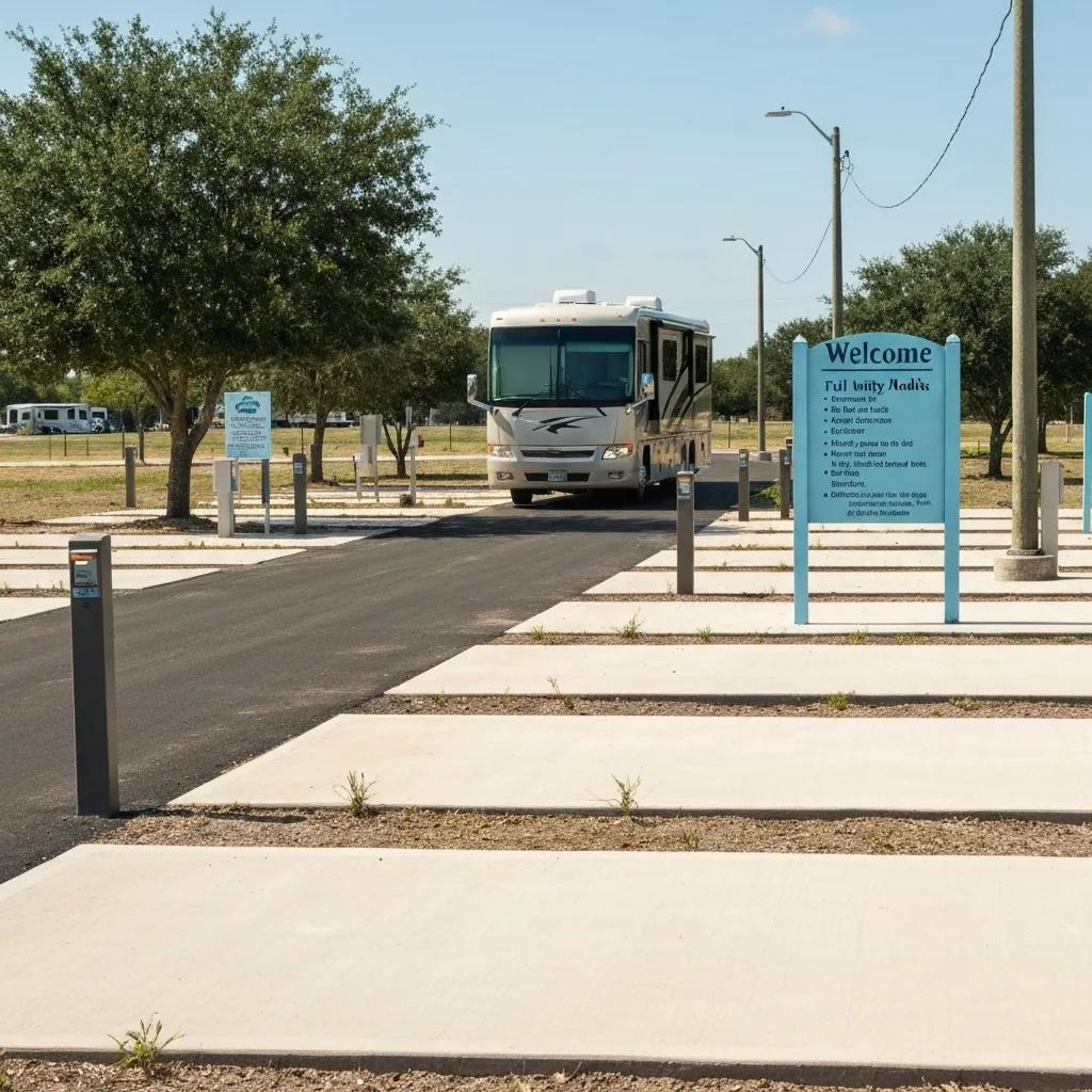 A large RV smoothly entering a big-rig friendly campground with a spacious layout and complete utility hookups