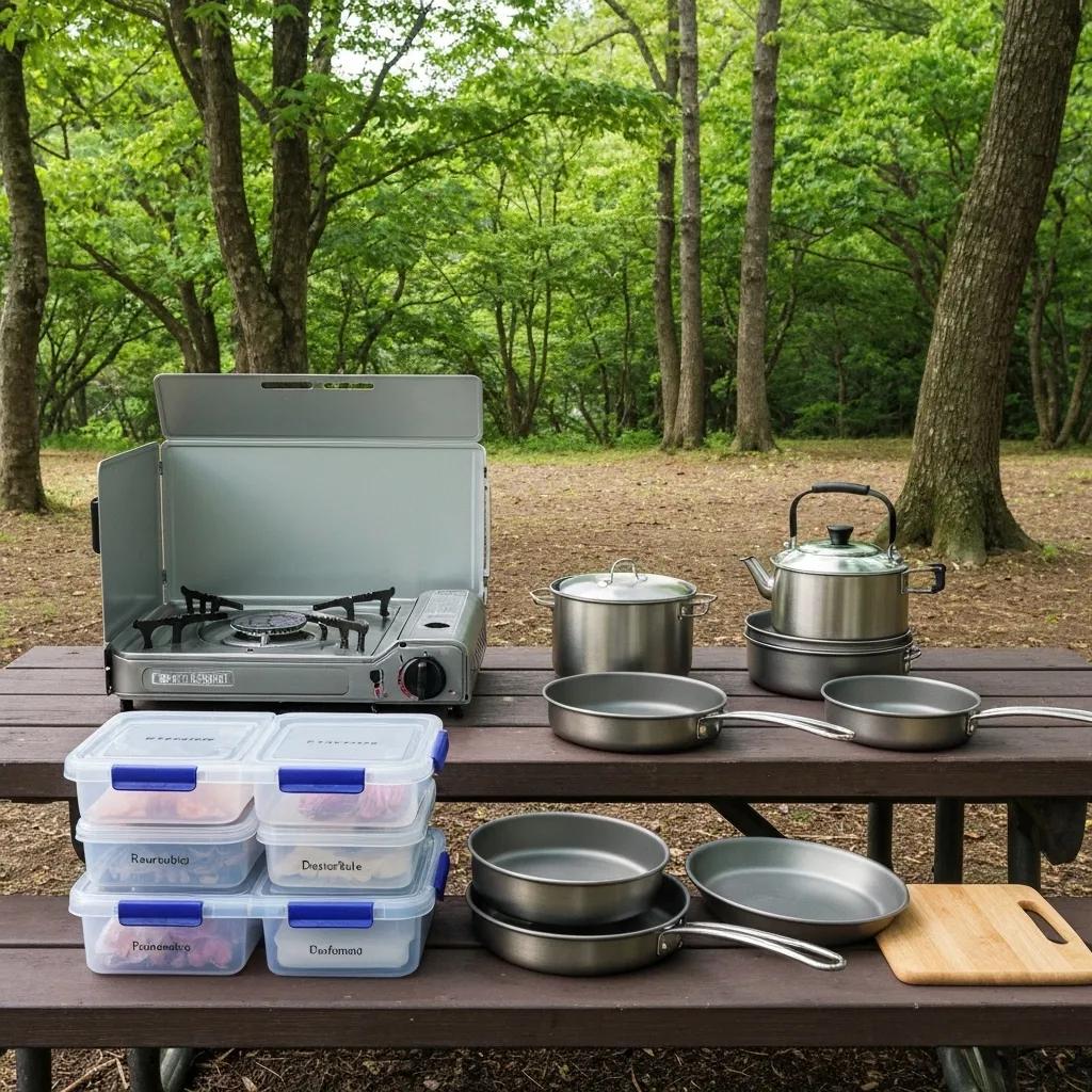 Essential camp kitchen items including a portable stove, cookware, and food storage, arranged in an outdoor setting