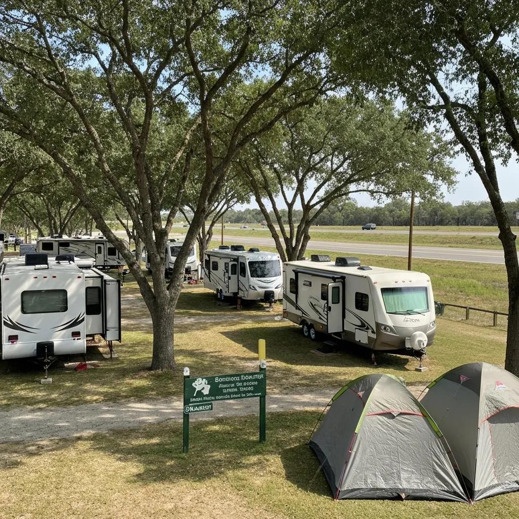 A vibrant RV park and tent camping area set amidst lush trees, showcasing the best camping options conveniently located near major highways.