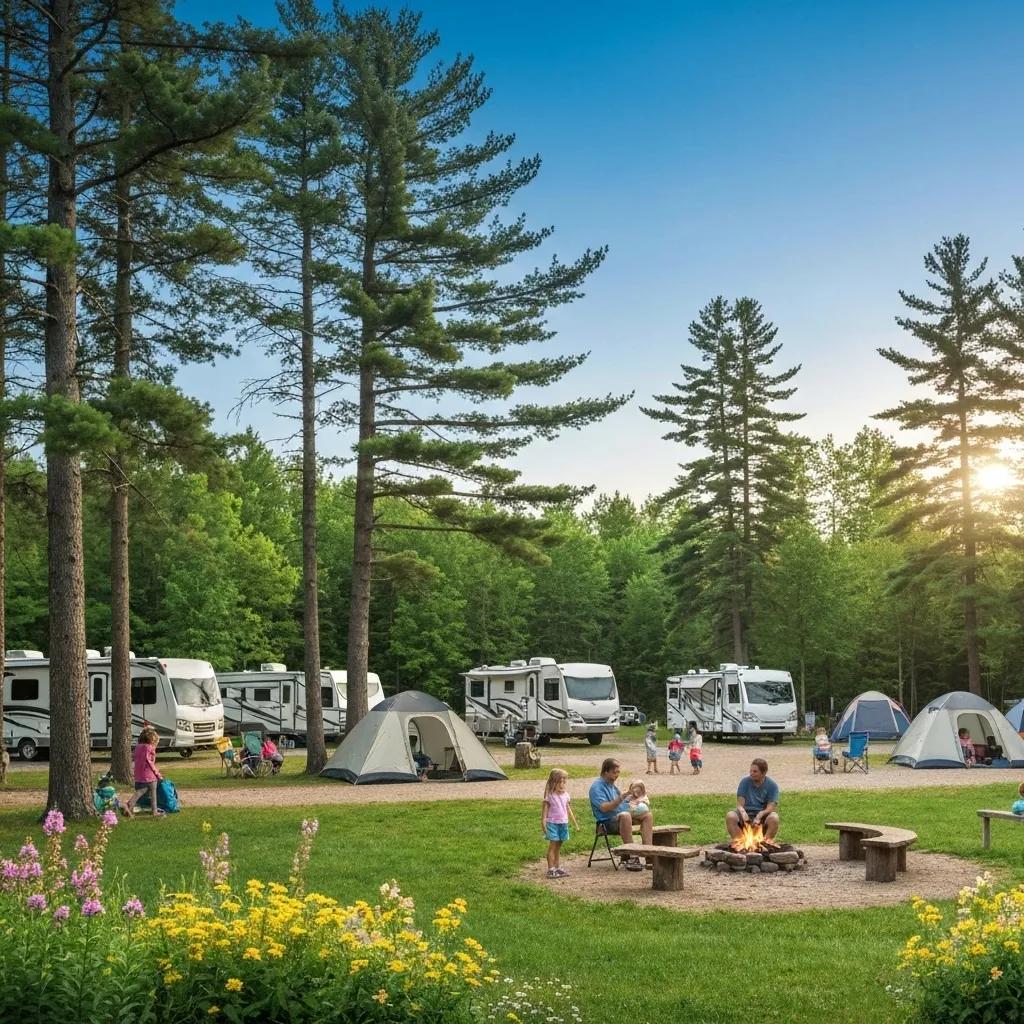 Family camping scene in Michigan with tents and RVs, highlighting outdoor adventure and family-friendly activities