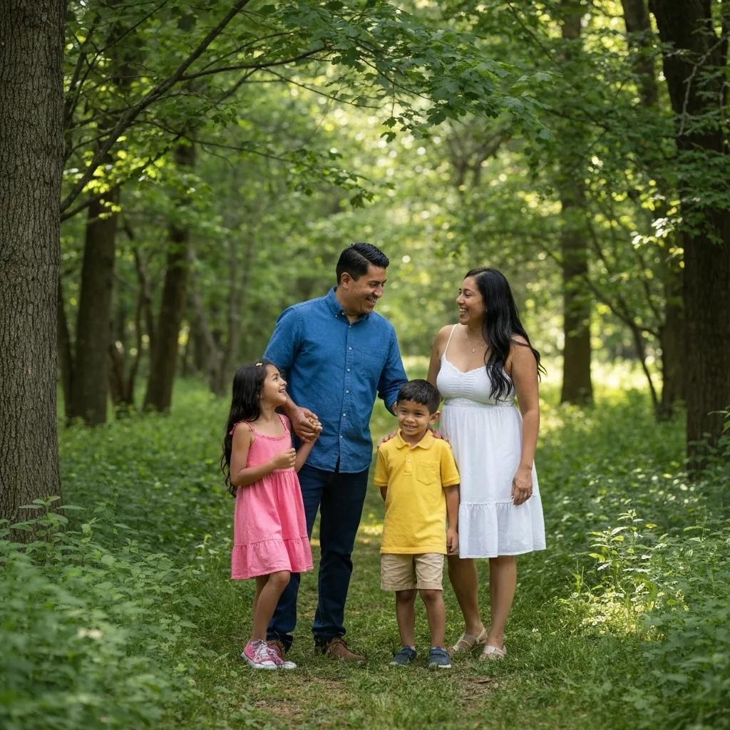 Family camping scene near I-80 with tents and an RV by a lake