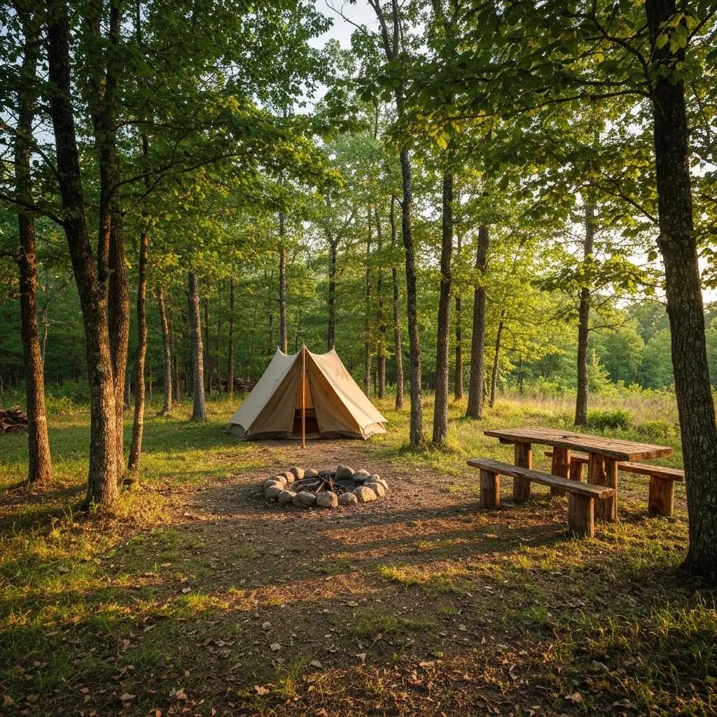 A rustic primitive tent site nestled in a wooded area, complete with a tent, fire ring, and picnic table
