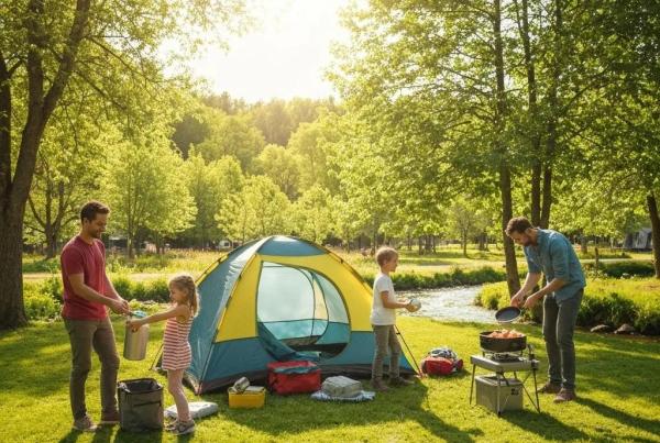 Family setting up a tent at a scenic campground, highlighting the joy of outdoor adventures and online booking