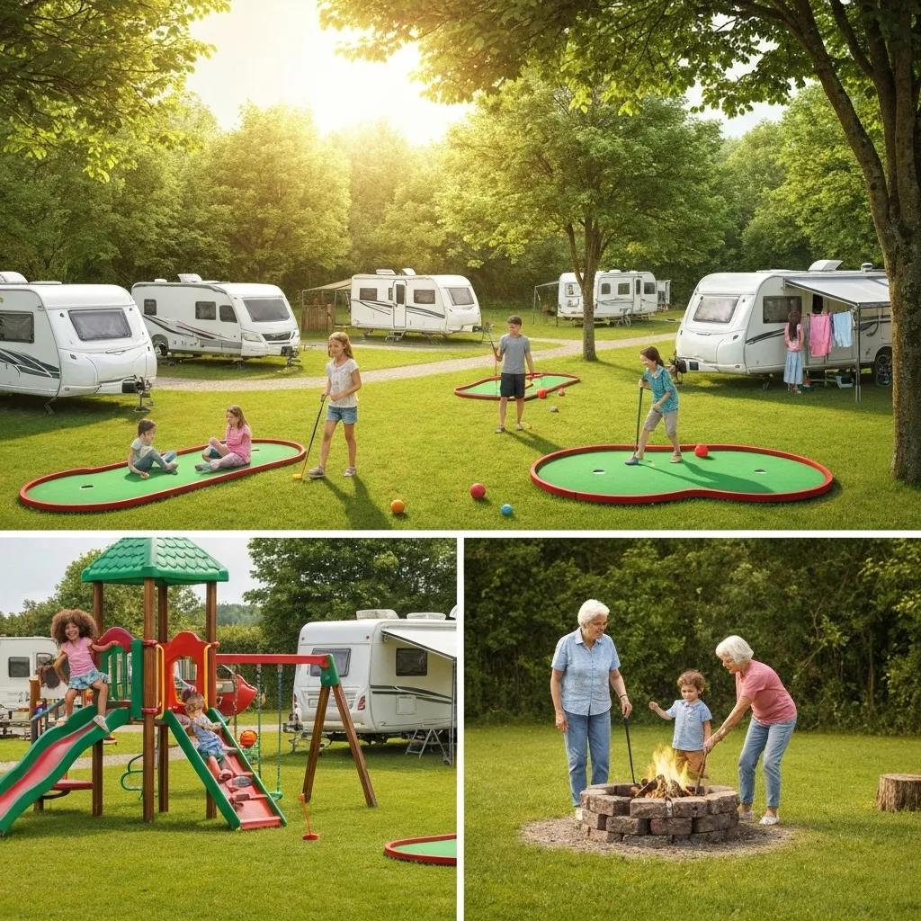 Vibrant family-friendly amenities at an RV park, showcasing a playground and a mini-golf course.