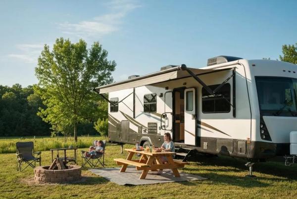 Seasonal RV camping scene in Ohio with a picturesque campsite and outdoor living space