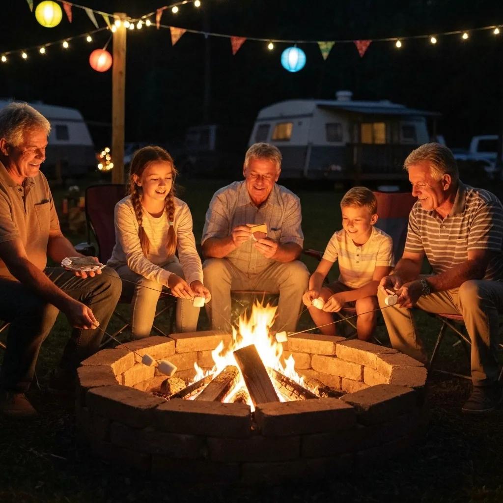 Families laughing and sharing stories around a crackling campfire at Walnut Hills Family Campground, enjoying delicious s'mores.