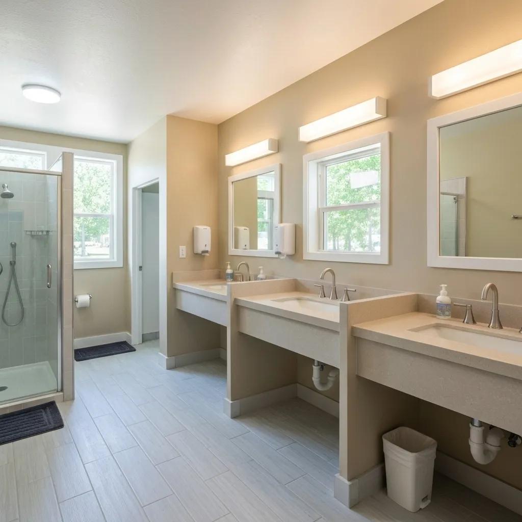 Modern bathhouse facilities at an I-80 RV park, highlighting cleanliness and comfort.
