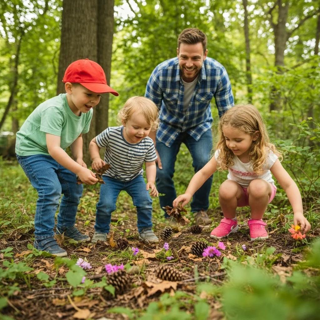 Children participating in a nature scavenger hunt at a family campground, encouraging exploration and learning