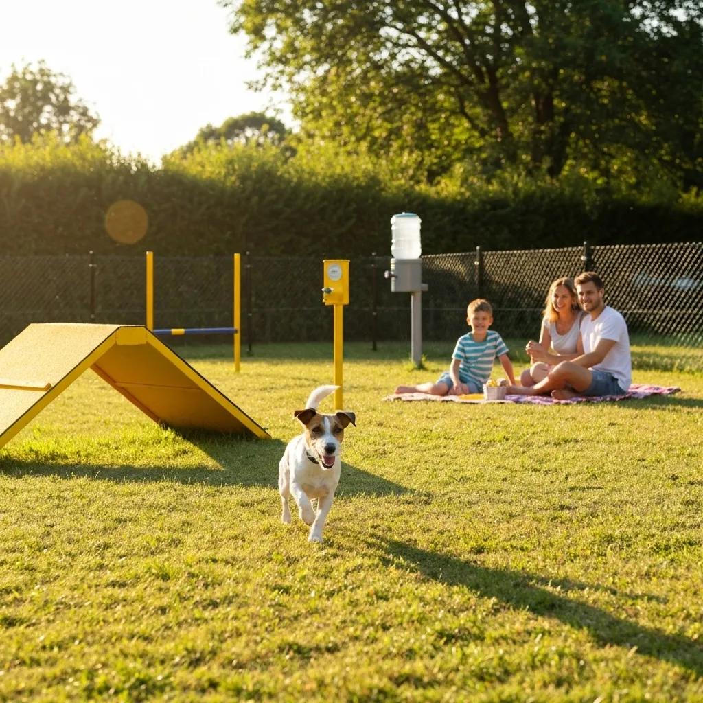 A happy dog playing within a secure, fenced dog park at a pet-friendly campground, with its family relaxing nearby.