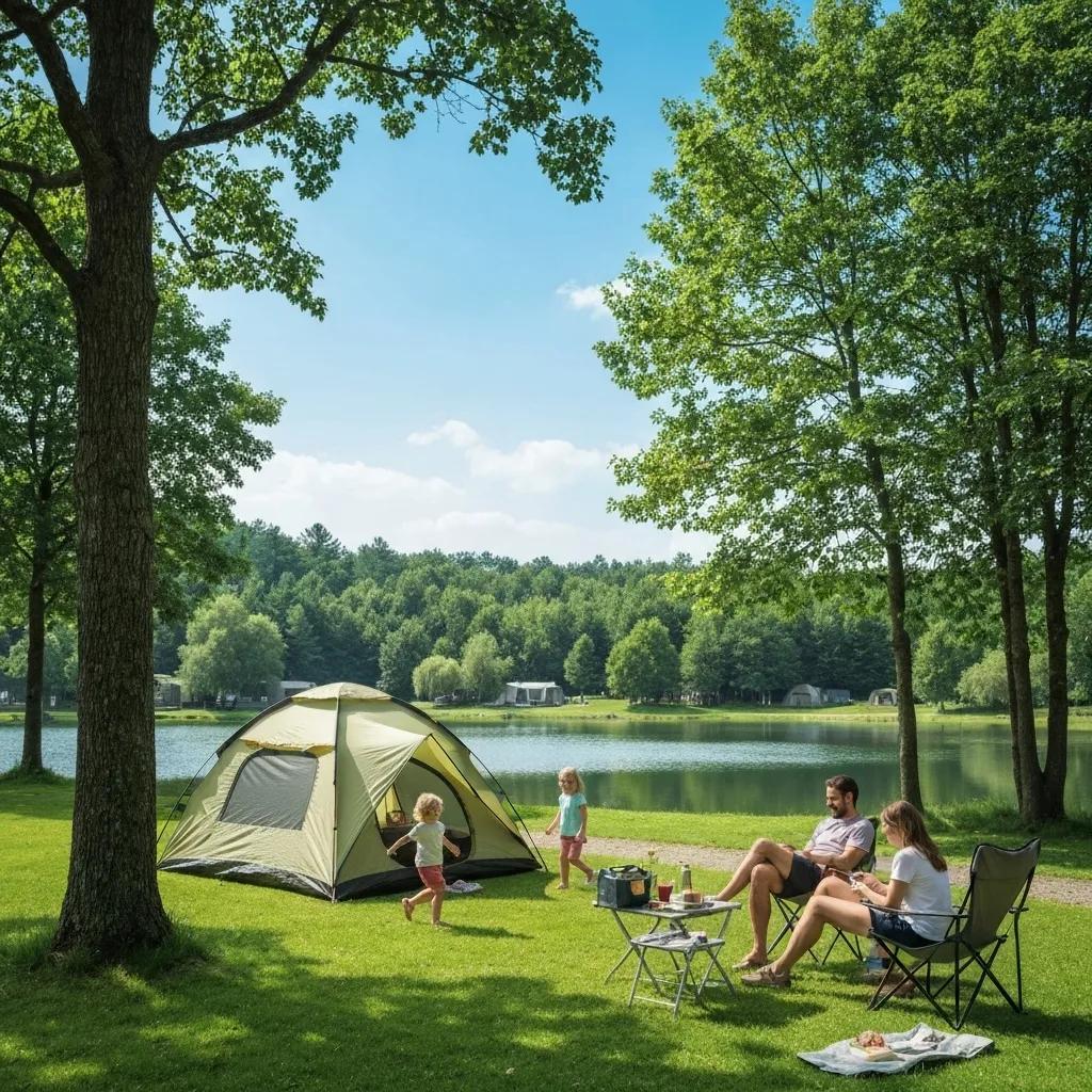 Family camping scene with a tent by a lake, showcasing outdoor adventure and togetherness
