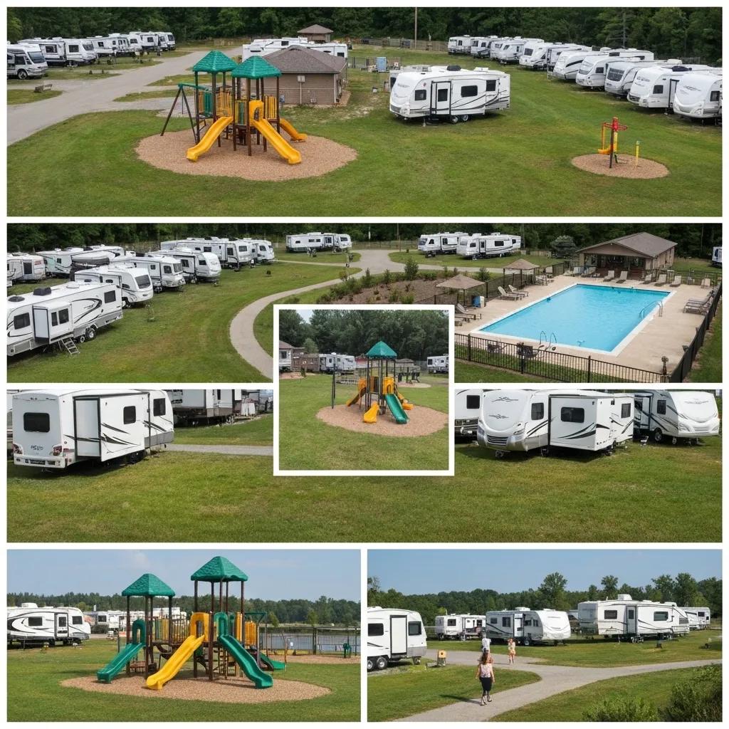 A vibrant RV resort scene with families relaxing, children playing near a pool, and RVs parked in spacious sites