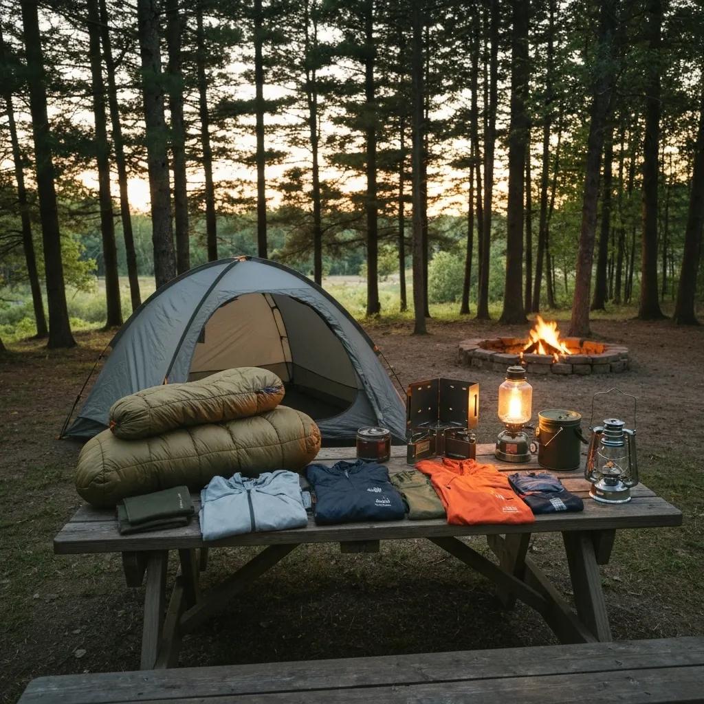 Essential camping gear neatly arranged on a picnic table at an Ohio campsite.