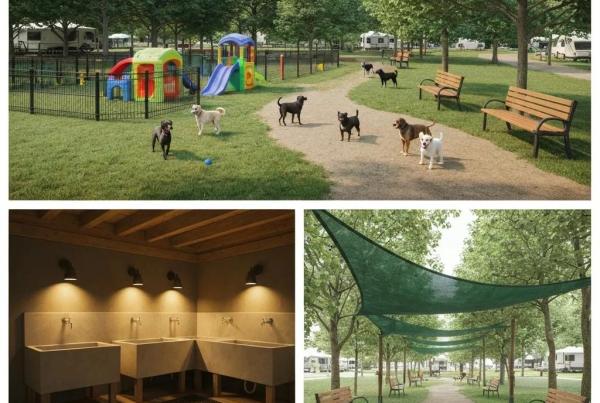 Dog-friendly campground amenities including play areas and wash stations