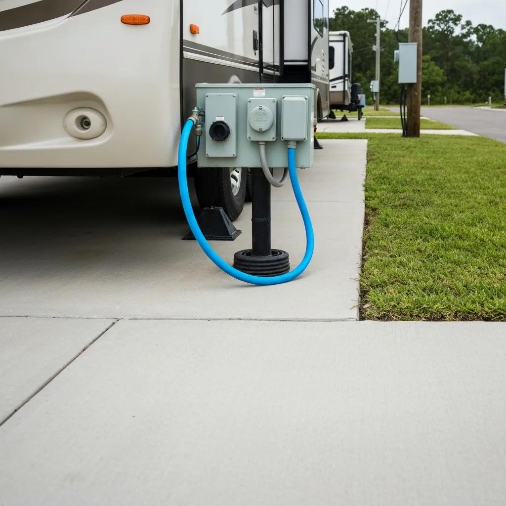 An RV site showcasing complete hookup connections for water, electricity, and sewer