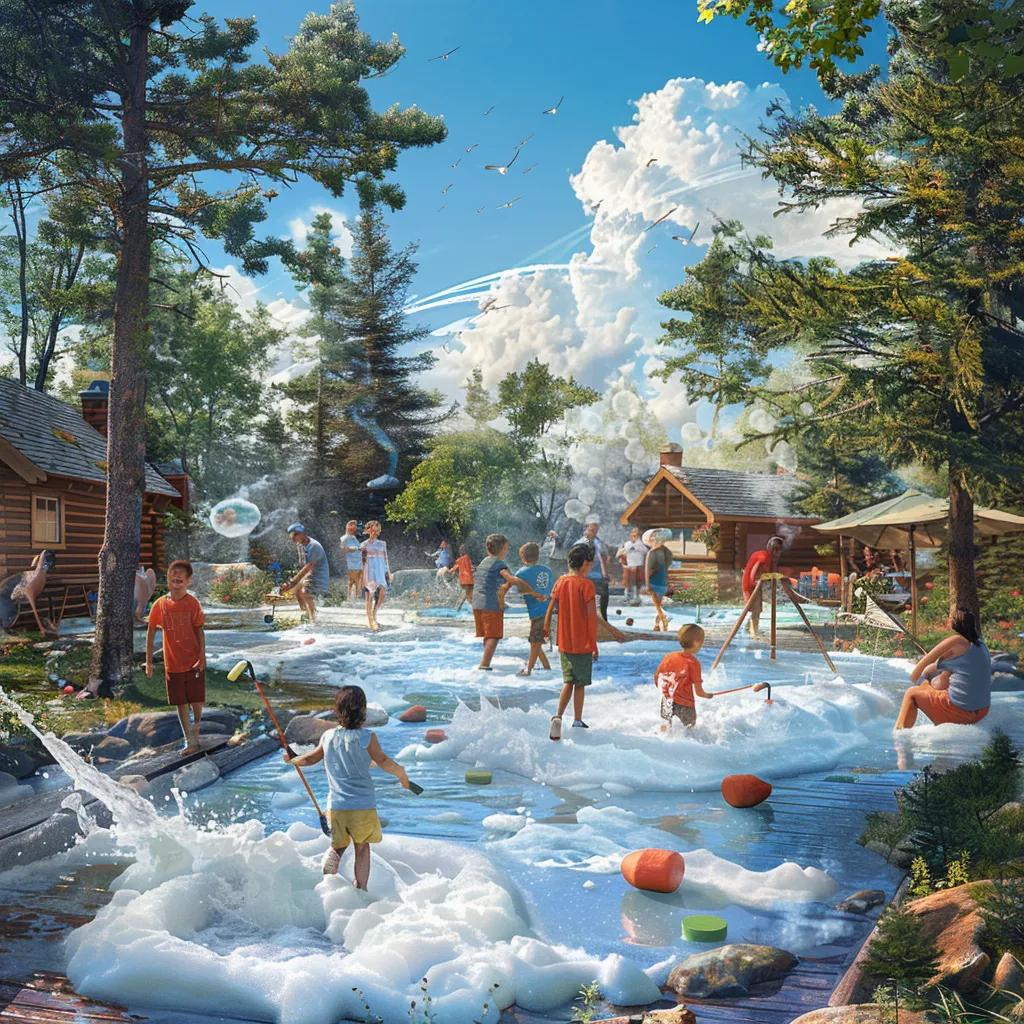 Families enjoying fun activities at a rustic campground, including foam parties and mini-golf