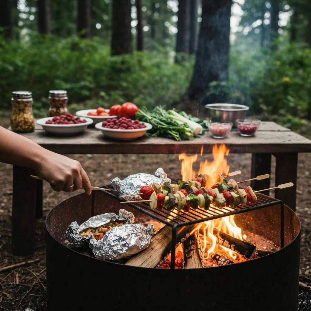 A campfire cooking scene featuring foil packet dinners and skewers being prepared outdoors