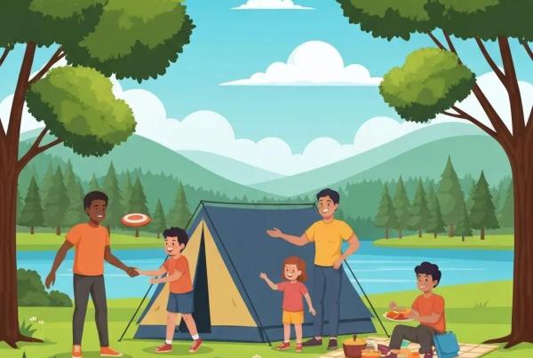 Family camping scene with children playing and parents setting up a tent at a beautiful campground