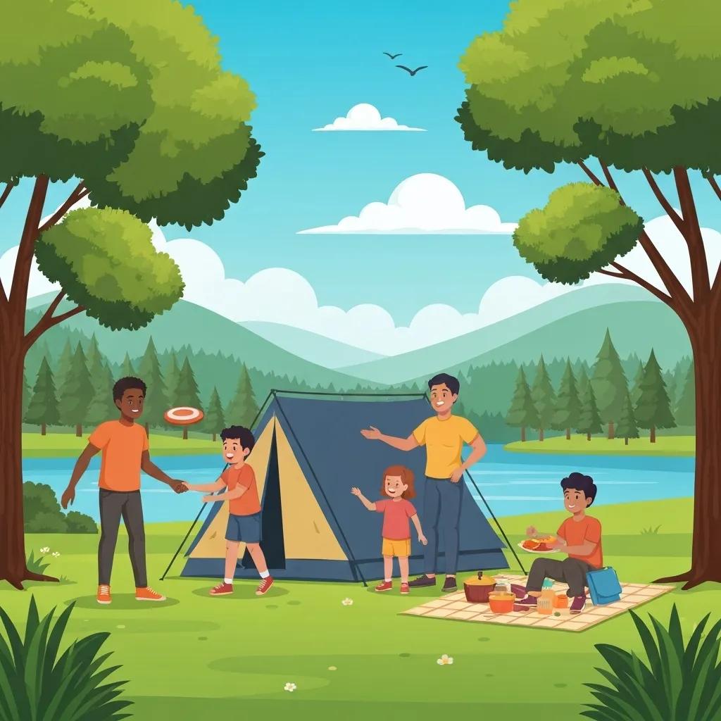 Family camping scene with children playing and parents setting up a tent at a beautiful campground