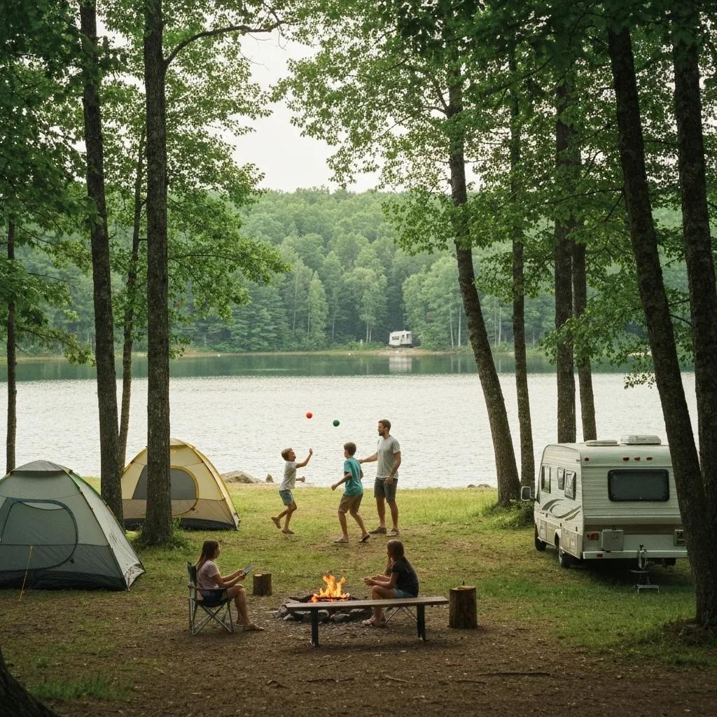 Family camping by a lake with tents and children playing in a scenic campground