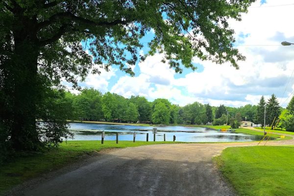 Entry road at Ridge Ranch Campground when you clear the large trees and see the lake with all the greenery surrounding it
