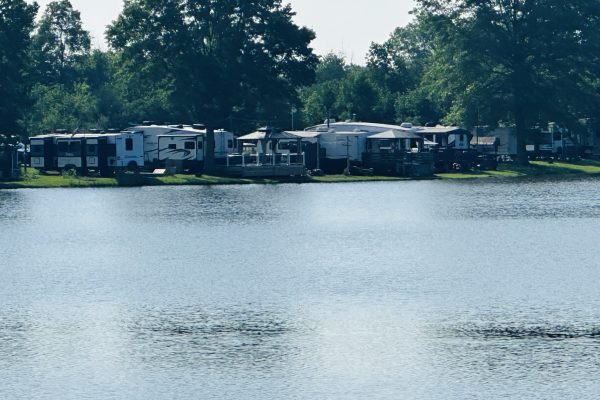 Lake at Ridge Ranch campground on a bright, sunny day