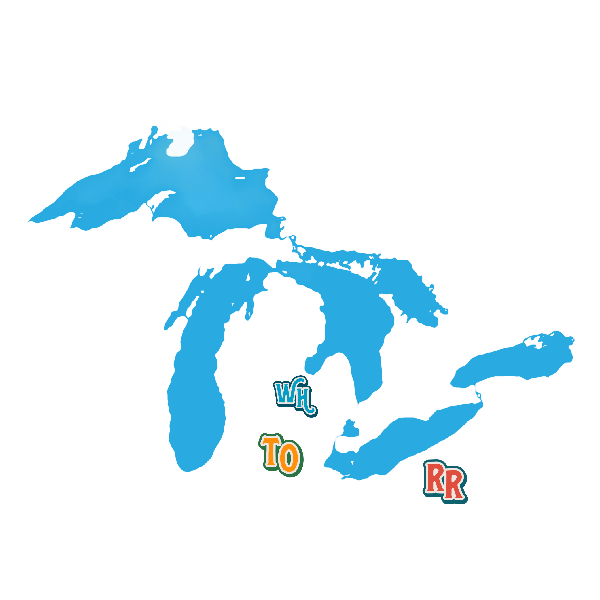 Map of the great lakes area where the lakes are blue and everything else is see through. Place on the map are the initials of each campground in the portfolio